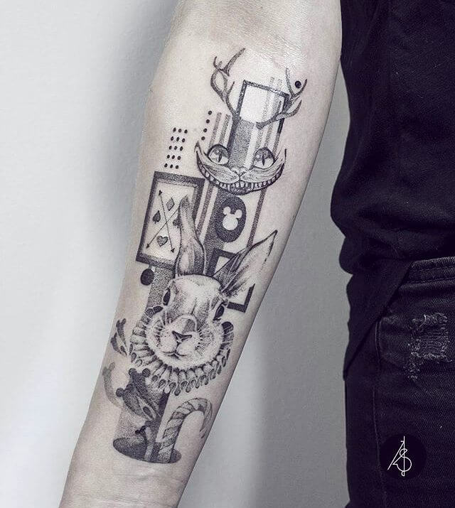 Alice in wonderland rabbit cat collage tattoo